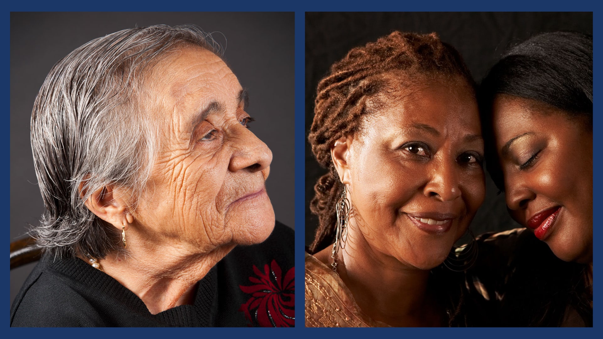 Elderly woman with gray hair and black woman with her elderly mother Elderly woman with gray hair and black woman with her elderly mother