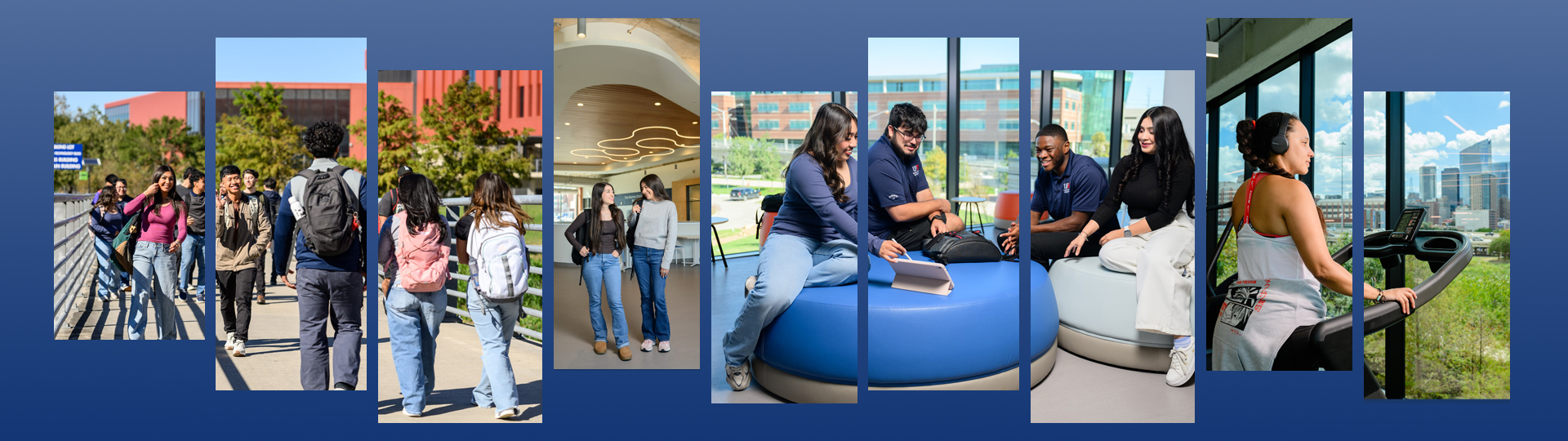 collage of different UHD campus buildings and students