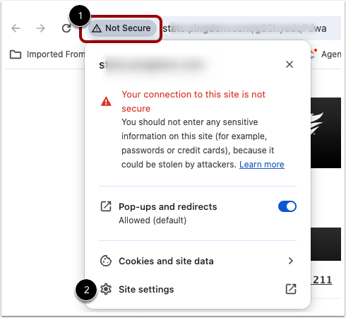 Chrome Security window highlighting "not secure" warning in browser window and Site Settings icon
