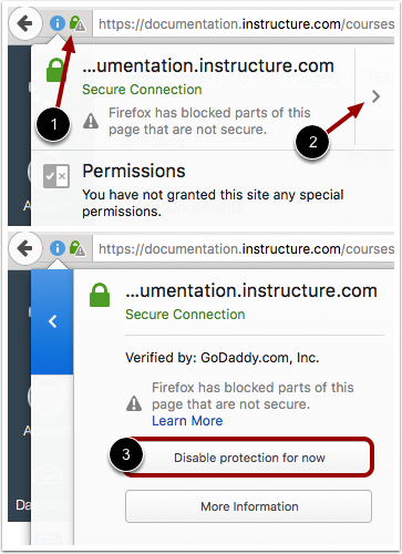 Firefox Security window pointing out the security icon to the right of the URL bar that is then pointing to an arrow that allows for more options. The option to “disable protection for now” button is highlighted. 