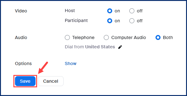 A screenshot of the save button for a Zoom meeting.