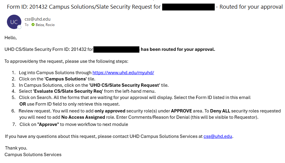 Email notification with steps to review requested security roles