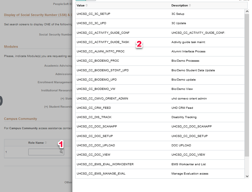 Security Roles List screen capture