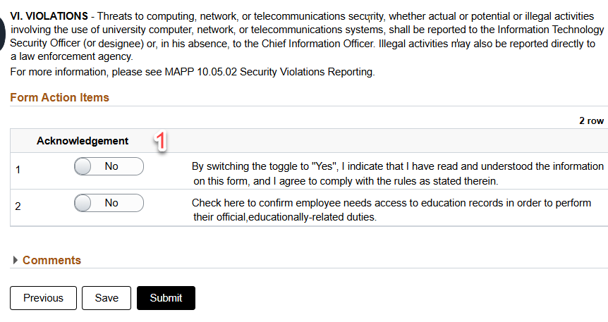 Violations Acknoledgement screen capture
