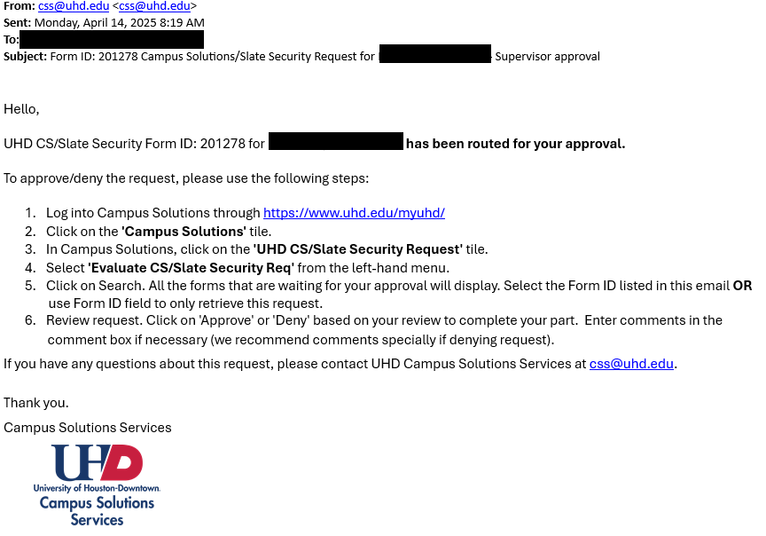 Supervisor Approval Notification email screen capture