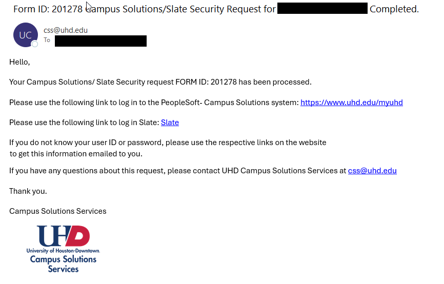 Security Request Completed Notification email screen capture