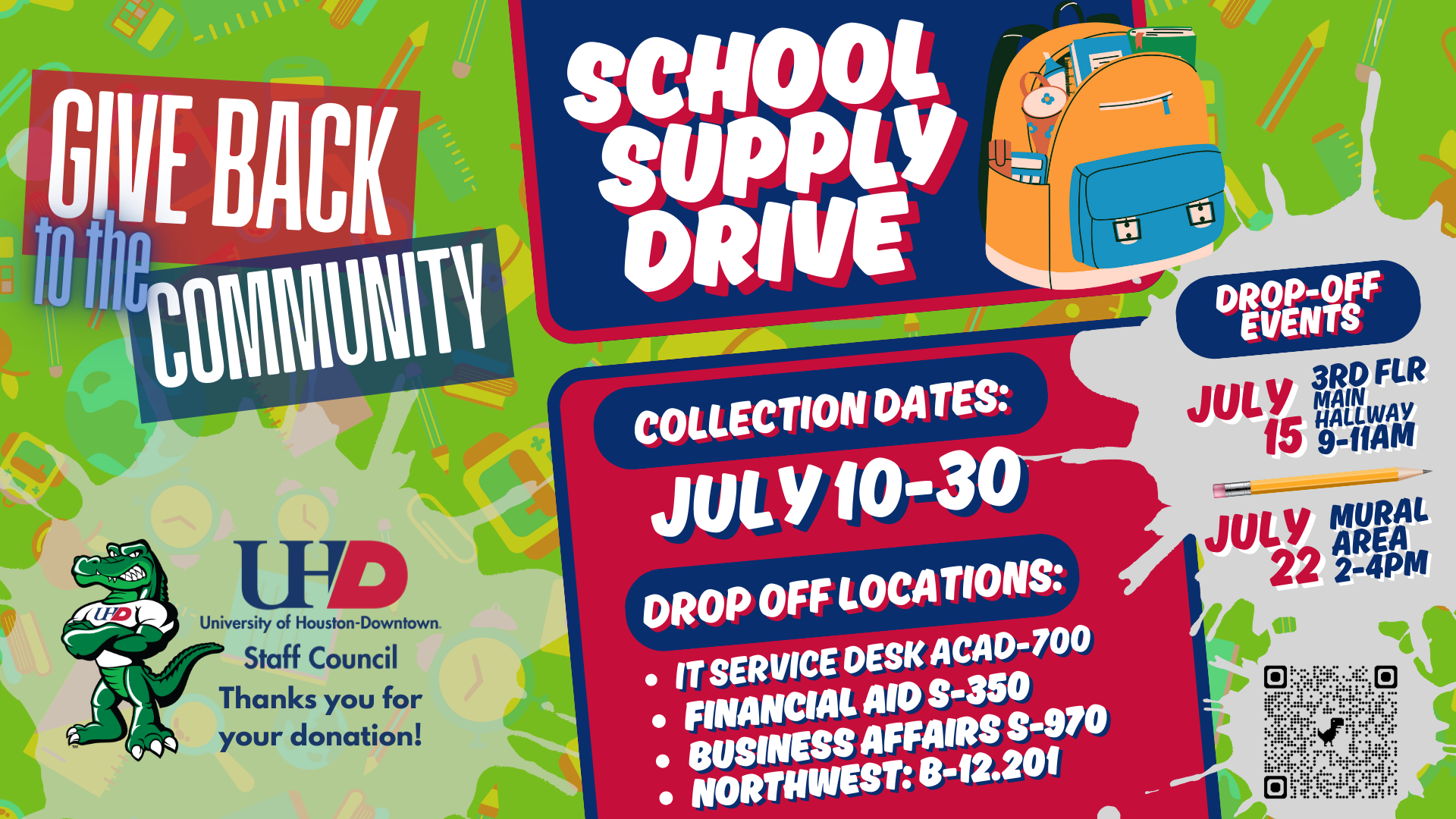 Promotional poster for a school supply drive with vibrant colors and school-themed graphics.