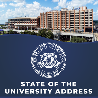 Image of UHD's One Main Building with a blue graphic overly that reads