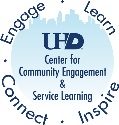 the downtown Houston skyline with the UHD logo and Center for Community Engagement & Service Learning overlaid.