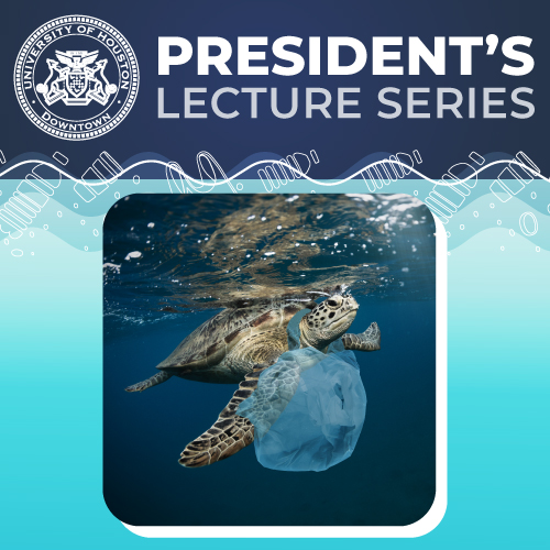 Graphic with a sea turtle and some plastics floating in an ocean.