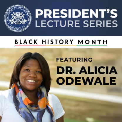 Dr. Odewale is in a white shirt and colorful scarf. She is smiling. The top of the image has a banner that reads