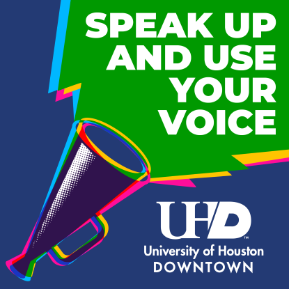 Bullhorn with green graphics coming out of it, along with the text