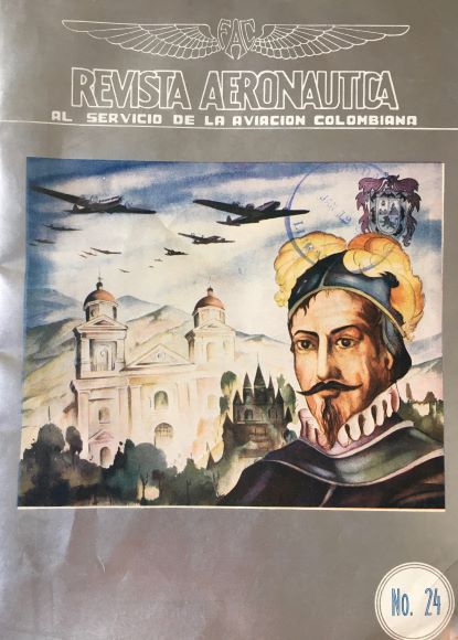 20th century periodical Revista Aeronautica al Servicio de la Aviacion Columbiana. Image is of planes flying over a colonial church with a conquistador in the foreground.