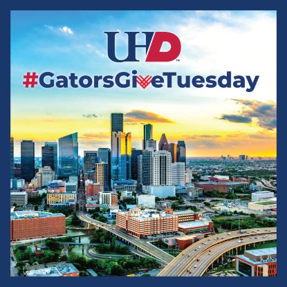 Image of downtown Houston and UHD campus. Superimposed text