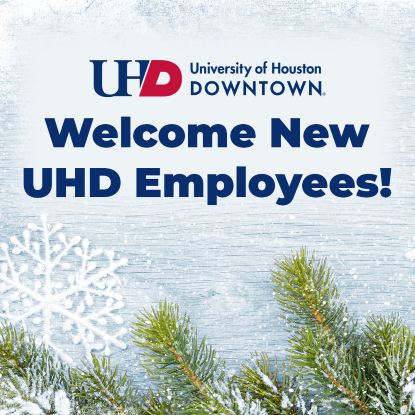 A wintry background with snow and fir trees. The UHD logo and