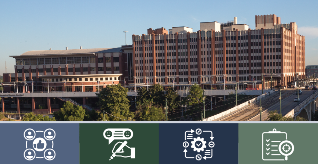 Image of One Main Building's South facing side with icons showing stepwise process of assessment plan.
