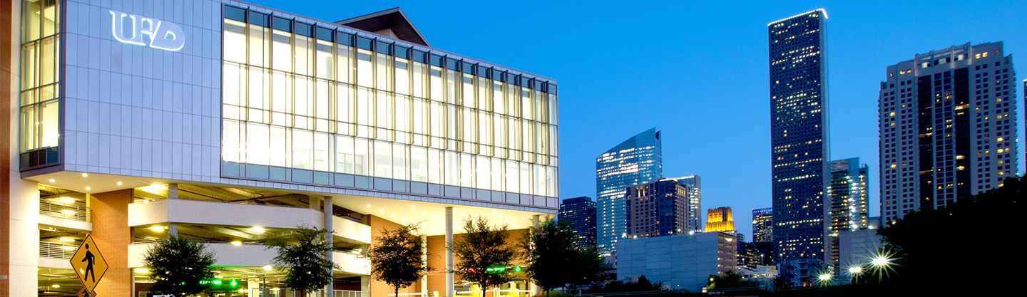 Image of UHD's welcome center at night
