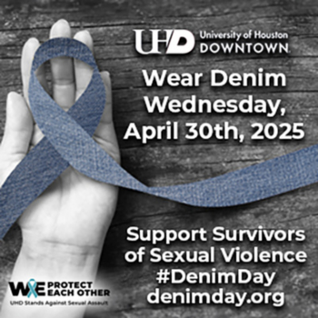 UHD logo. Hand holding a piece of denim fabric. Text reads,
