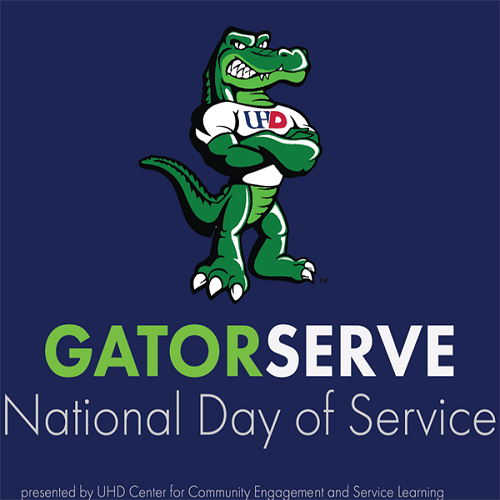 text reads gatorserve national day of service powered by uhd center for community engagement and service learning. Edugator university of houston downtownw mascot. 