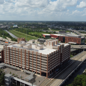 The University of Houston-Downtown campus. One Main Building and the College of Sciences and Technology in downtown Houston.