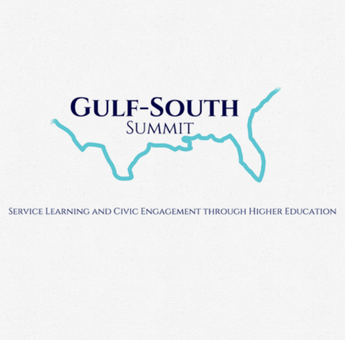 Text reads gulf south summit, service learning and civic engagement through higher education. Contour of southern united states which border the gulf.